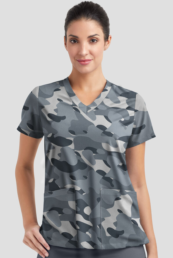 Strictly Scrubs STRETCH Cloud Camo Pewter Women's 2-Pocket Mitered V-Neck Print Scrub Top - null - 1