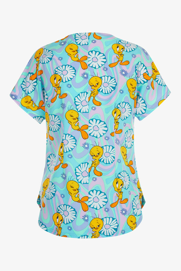 Tooniforms Groovy Tweety Bird Women's 2-Pocket STRETCH V-Neck Print Scrub Top - null - 2