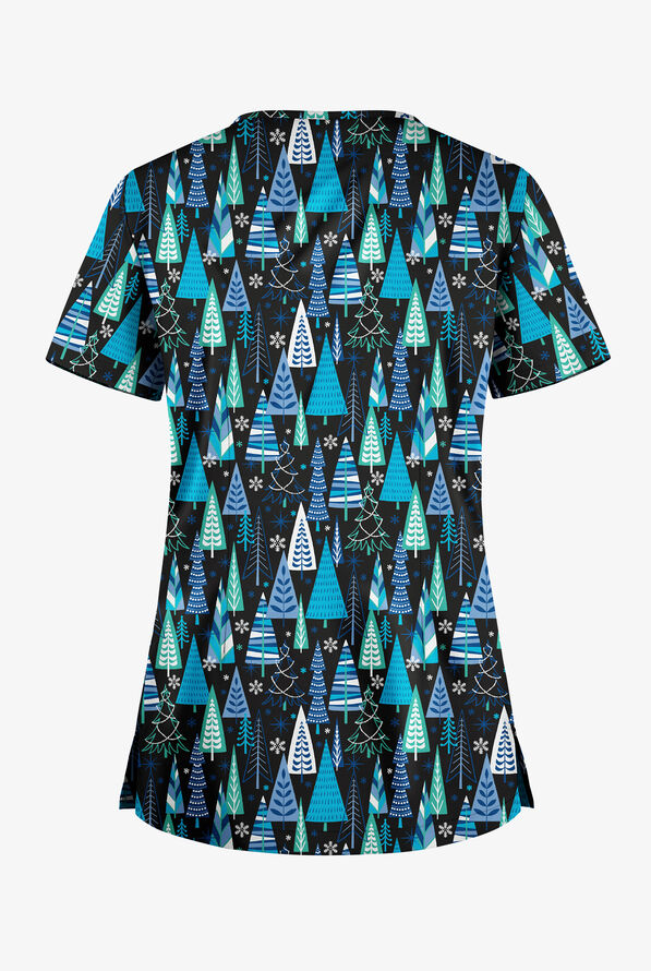 Blusa médica estampada Butter-Soft STRETCH Wintertime Turquoise con cuello en V y 1 bolsillo para mujer - null - 2