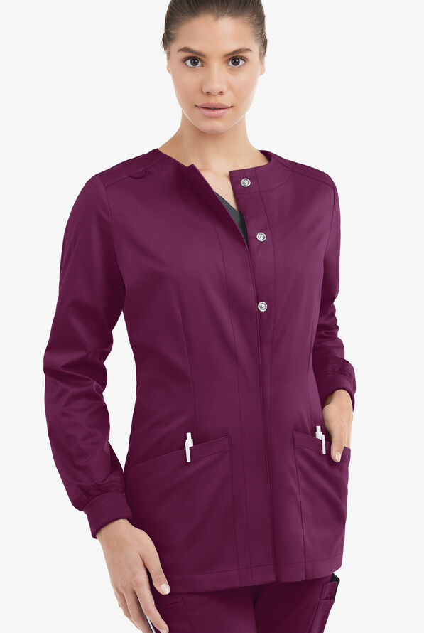 Butter-Soft STRETCH Women's 2-Pocket Long Sleeve Snap Front Scrub Jacket - Wine - 2