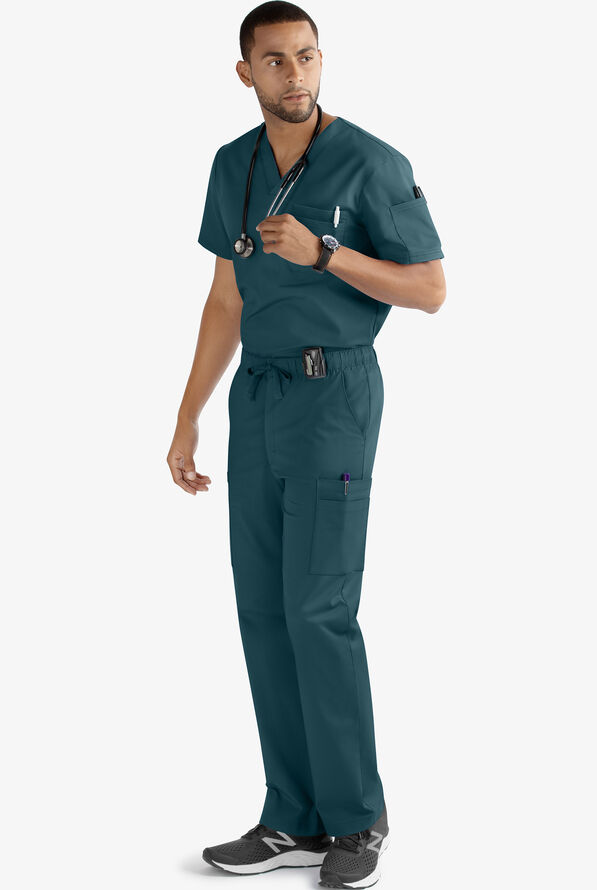 Butter-Soft STRETCH Men's 7-Pocket Cargo w/ Elastic Waist Scrub Pants - Tall - Caribbean Blue - 2