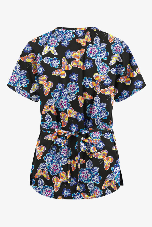 Butter-Soft Originals Spring Day Women's 3-Pocket Mock Wrap with Ties Print Scrub Top - null - 2