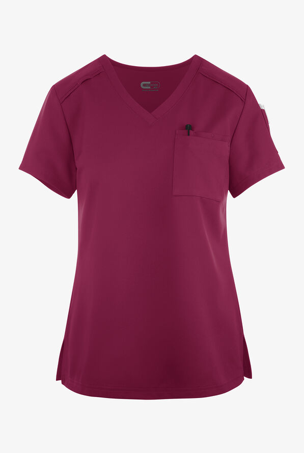 koi Cureology Aura Women's 3-Pocket Tuck In V-Neck Scrub Top - Wine - 1