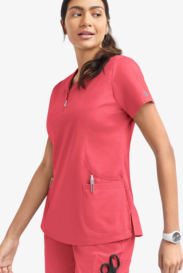Butter-Soft STRETCH Women's 4-Pocket Curved Neck Zipper Scrub Top - Coral Spice - 3