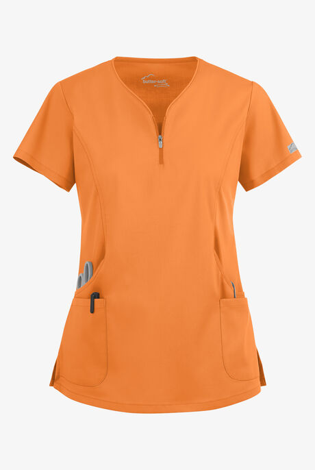 Butter-Soft STRETCH Women's 4-Pocket Curved Neck Zipper Scrub Top