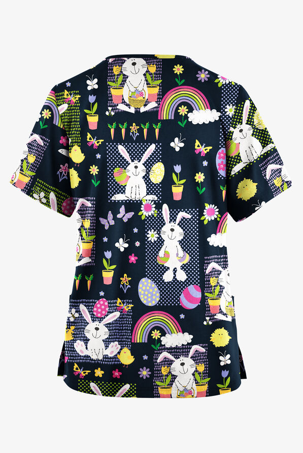 Butter-Soft Originals Easter Time Navy Women's 2- Pocket V-Neck Print Scrub Top - null - 2