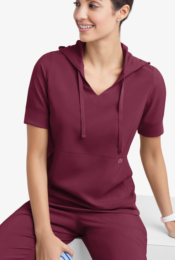 Sudadera médica manga corta Easy STRETCH True con capucha y 3 bolsillos para mujer - Wine - 1