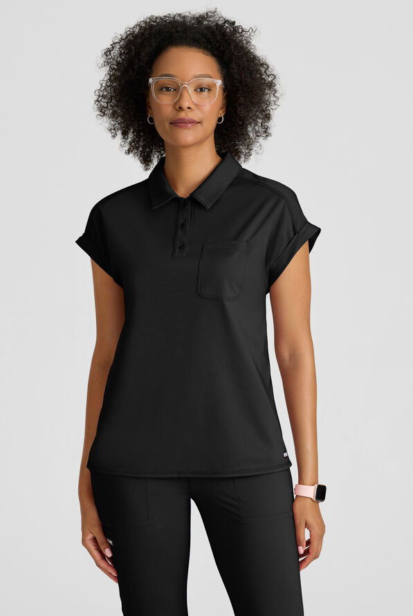 Grey's Anatomy by Barco Knit STRETCH Renew Women's 1-Pocket Dolman Sleeve Polo Scrub Top - Black - 2
