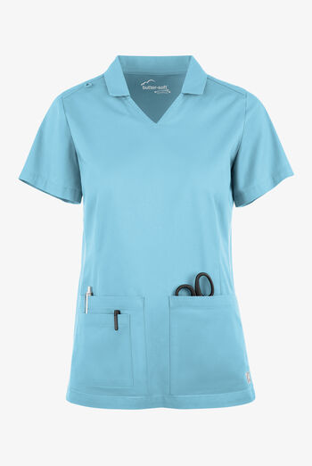 Butter-Soft STRETCH Women's 3-Pocket Short Sleeve Collar and Knit Panels Scrub Top