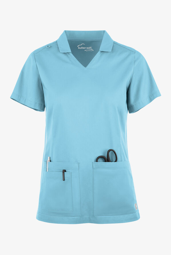 Butter-Soft STRETCH Women's 3-Pocket Short Sleeve Collar and Knit Panels Scrub Top - Poolside View - 1