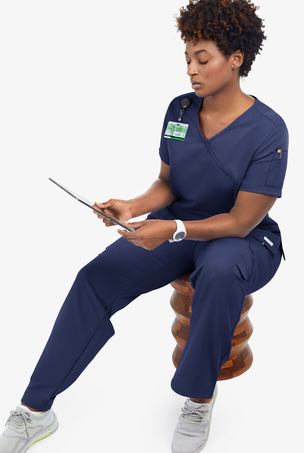 Butter-Soft Women's 5-Pockets Faux Wrap Scrub Top **Slightly IRREGULAR** - Navy - 7