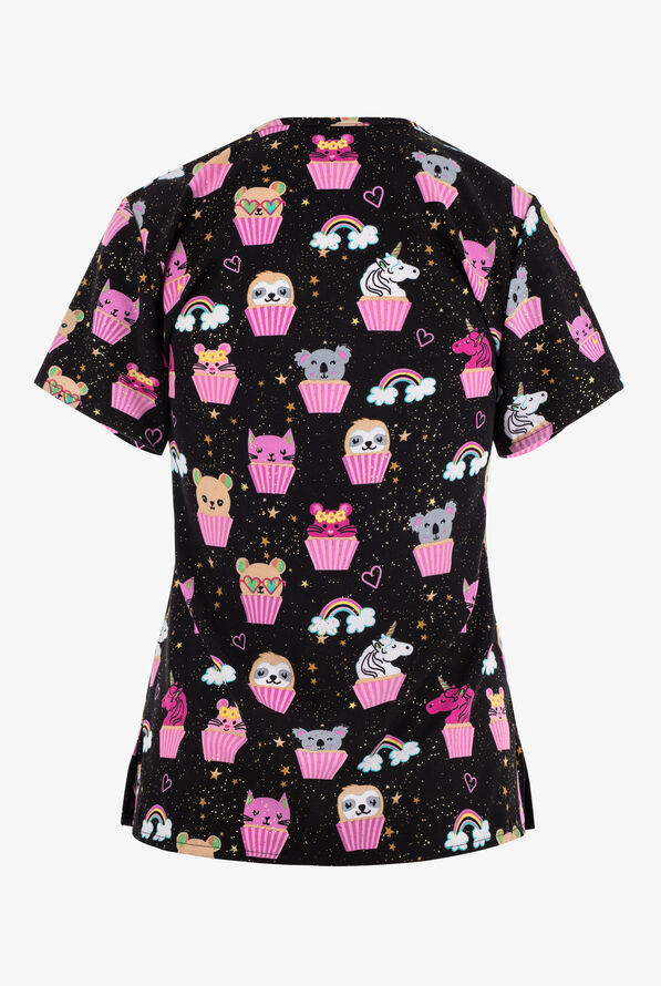 Zinnia Animal Cupcake Gold Glitter Women's 3-Pocket STRETCH V-Neck Print Scrub Top - null - 2
