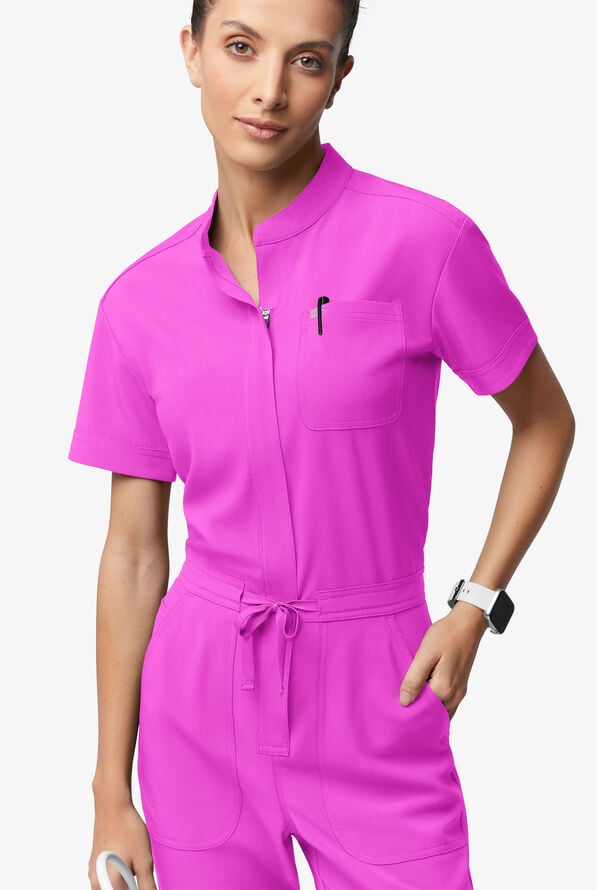 Easy STRETCH Allie Women's 6-Pocket Short Sleeve Jumpsuit - Electric Fuchsia - 2