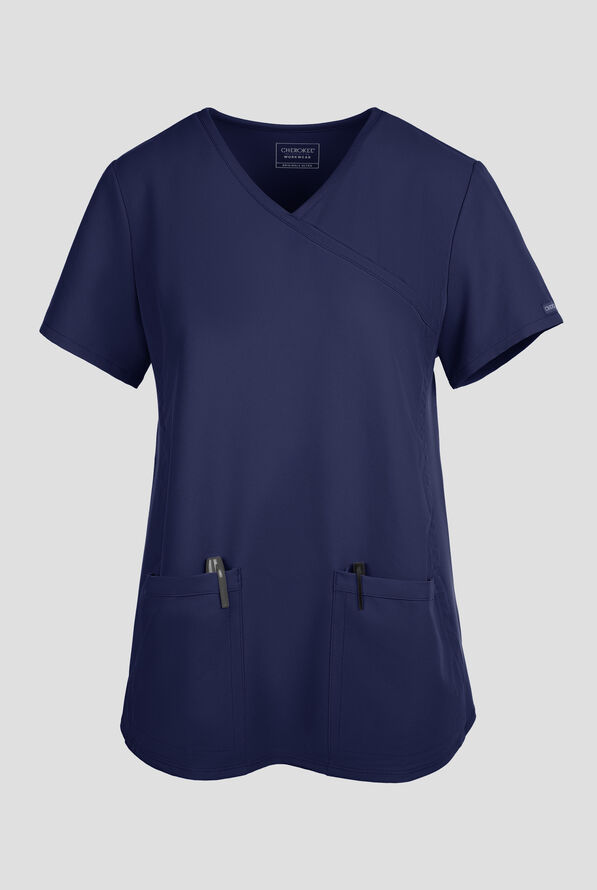 Cherokee Workwear Originals Ultra Women's 2-Pocket STRETCH Maternity Mock Wrap Scrub Top - Navy - 1
