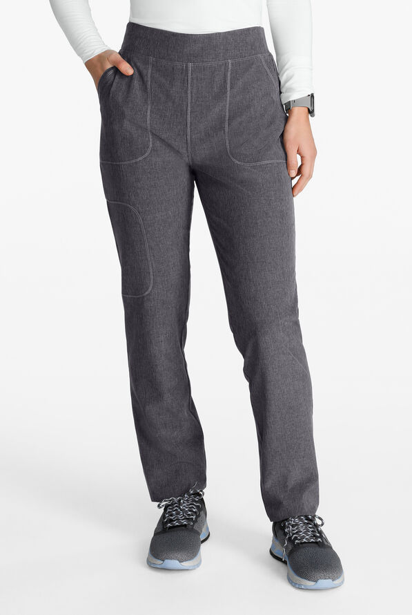 Cherokee Collection Women's 4-Pocket STRETCH Flat Front Rib-Knit Back Waist Cargo Scrub Pants - Heather Pewter - 1