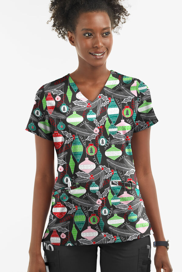 Butter-Soft Christmas Baubles Women's 2-Pocket with Angled Welts V-Neck Print Scrub Top - null - 2