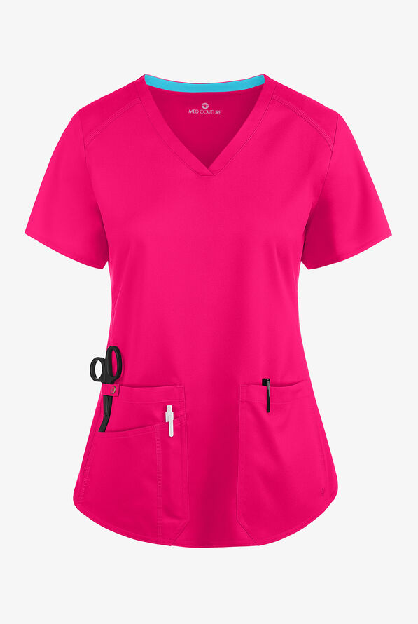Med Couture Touch Women's 3-Pocket STRETCH Rib-Knit Side Panels Shirttail V- Neck Scrub Top - Pink Punch - 1