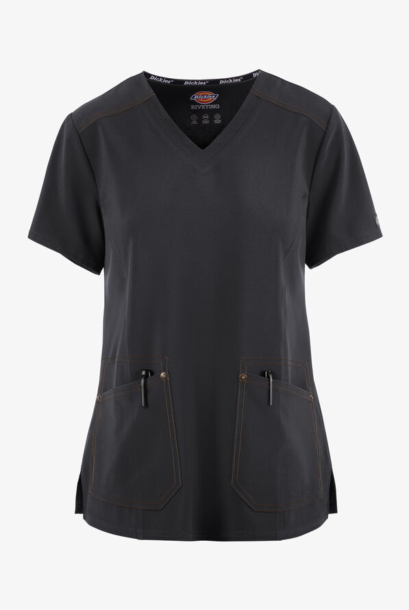 Dickies Riveting Women's 2-Pocket STRETCH Contrast Stitching V-Neck Scrub Top - Pewter - 1