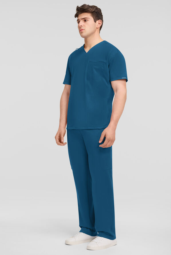 Cherokee Achieve Men's 3-Pocket STRETCH Relaxed V-Neck Knit Scrub Top - Caribbean Blue - 4