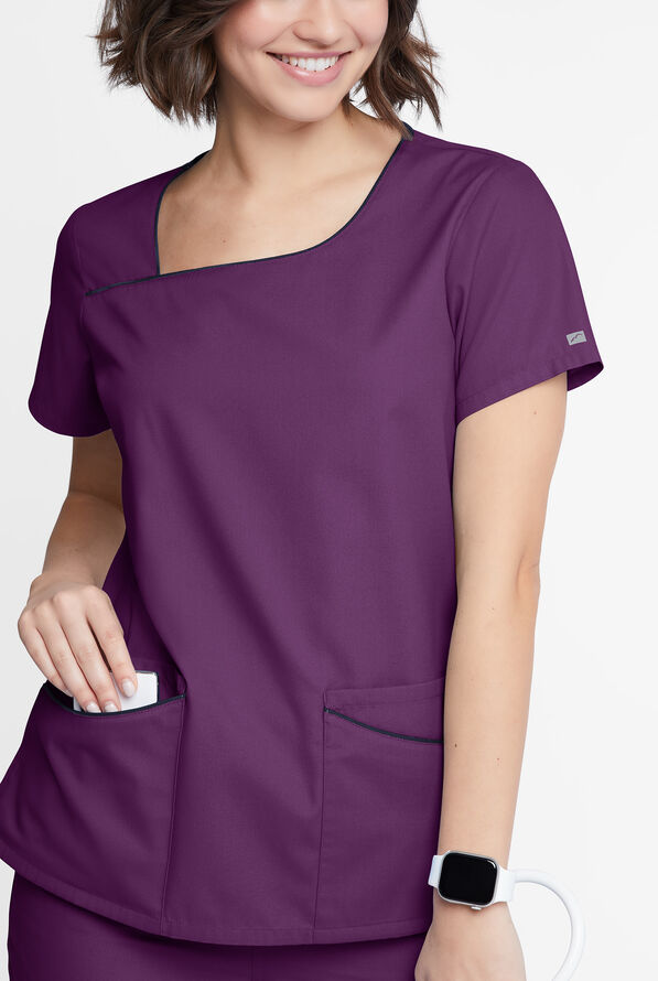 Butter-Soft Originals Women's 4-Pocket Asymmetrical Neck Scrub Top - Eggplant/Navy - 4