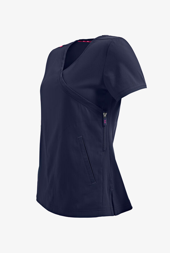 koi Lite™ Philosophy Women's 3-Pocket Mock Wrap Side Zipper Scrub Top - Navy - 3