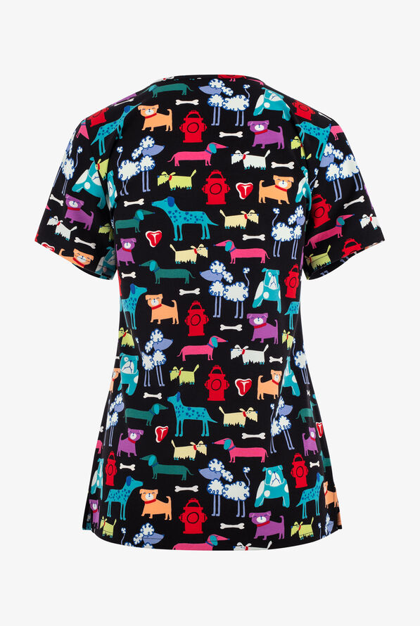Tasha and Me Puppy Play Women's 2-Pocket STRETCH V-Neck Print Scrub Top - null - 2