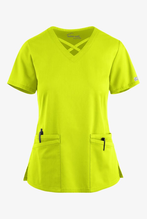 Butter-Soft STRETCH Women's 4-Pocket Crisscross Scrub Top - Lime Crush - 1