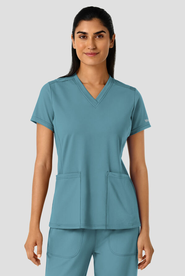 Blusa m&eacute;dica Wink Renew Knit Flex N Reach Panel STRETCH con cuello en V y 2 bolsillos para mujer - Vintage Teal - 3