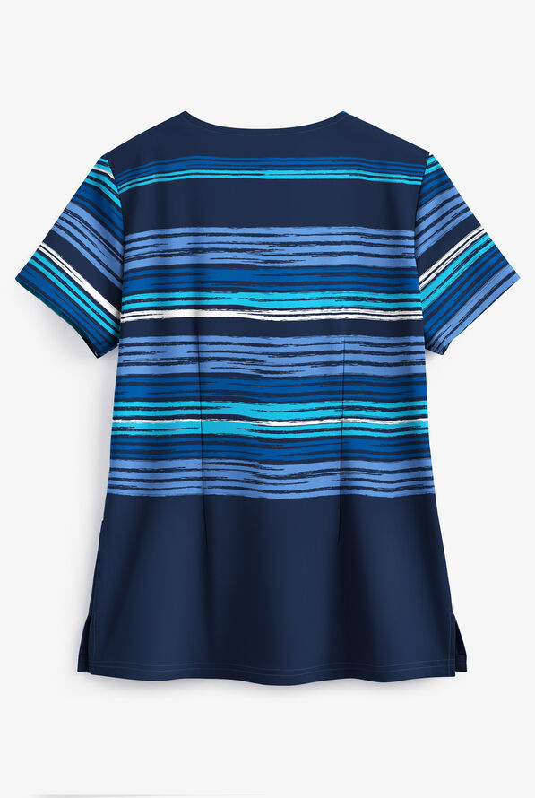 Butter-Soft Striped Navy Women's 2-Pocket V-Neck Print Scrub Top - null - 2
