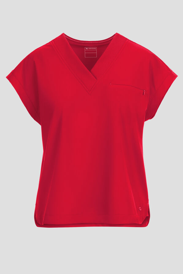 Infinity Pursuit Women's 1-Pocket STRETCH Rib-Knit V-Neck Dolman Sleeve Scrub Top - Cherry Pop - 1