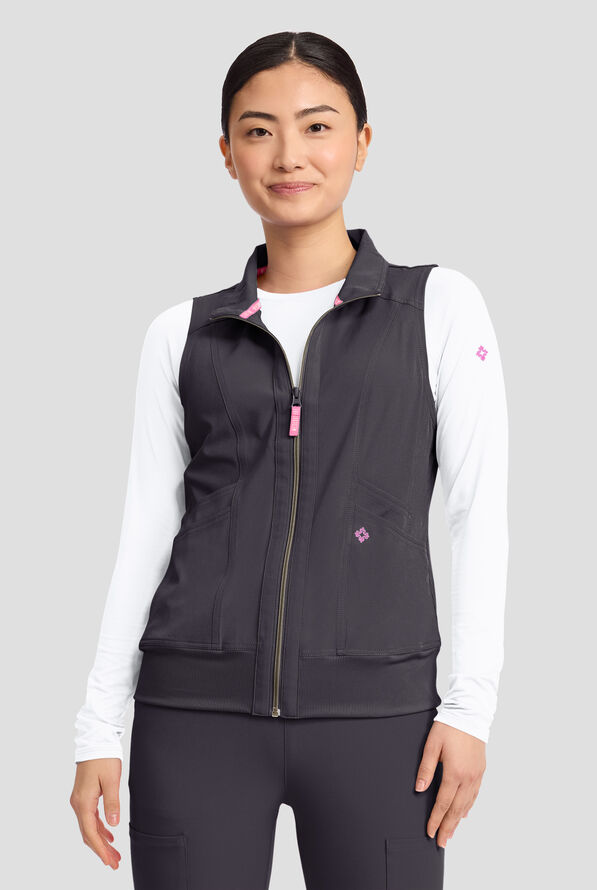 Med Couture Amp Women's 4-Pocket STRETCH Zip Front Removable Hoodie Scrub Vest - Pewter - 2