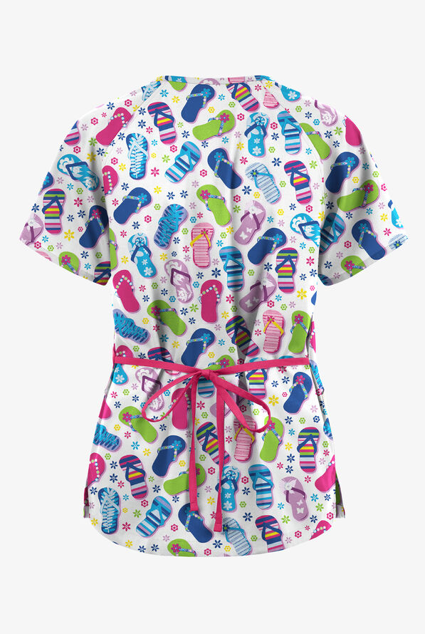 Butter-Soft Originals Flip Flop Fun Royal Women's 3-Pocket Mock Wrap with Ties Print Scrub Top - null - 2