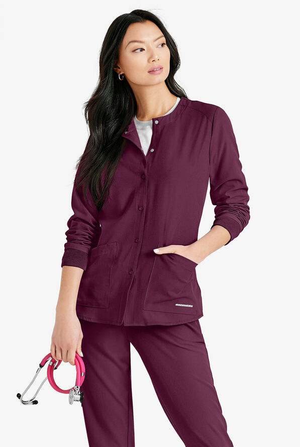 Skechers by Barco Stability Women's 2-Pocket STRETCH Warm-Up Scrub Jacket - Wine - 3