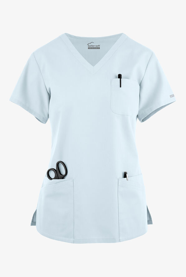 Blusa médica Butter-Soft Originals con cuello en V curvo y 7 bolsillos para mujer - Morning Dew - 1