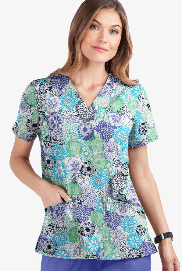 UA Butter-Soft STRETCH Danish Floral White Printed Women's 2-Pocket V-Neck Scrub Top - null - 1