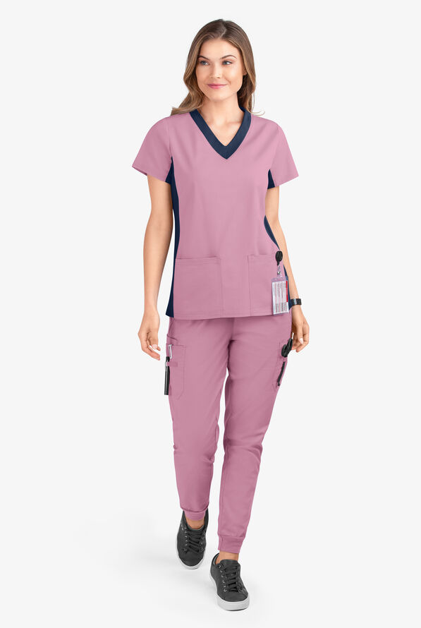 Butter-Soft STRETCH Women's 3-Pocket Contrast Scrub Top - Cherry Blossom/Navy - 2