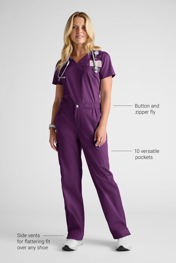 Butter-Soft STRETCH Women's 8-Pocket Cargo Button Front Pant With Fly Scrub Pants - Eggplant - 9