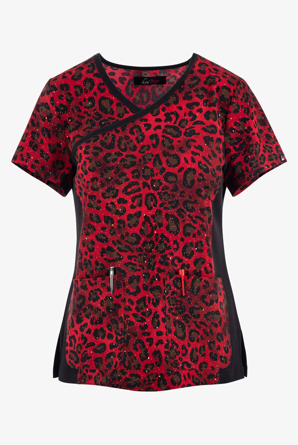 koi Lite Holiday Cheetah Foil Women's 2Pocket STRETCH VNeck Print