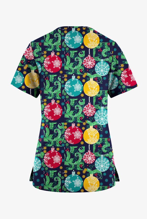 Butter-Soft Originals Baubles And Berries Navy Women's 7-Pocket Rounded V-Neck Print Scrub Top - null - 2