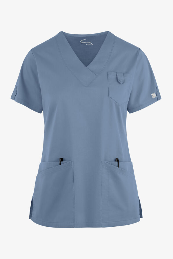 Butter-Soft STRETCH Women's 6-Pocket V-Neck Scrub Top - Indigo Batik - 1