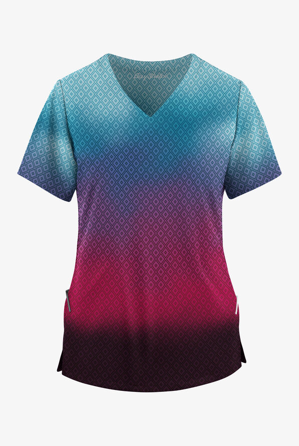 Butter-Soft STRETCH Geo Gradient Eggplant Women's 2-Pocket V-Neck Print Scrub Top - null - 1