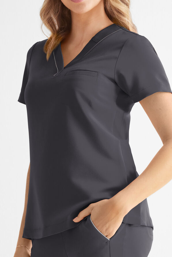 360 by Healing Hands Stella Women's 1-Pocket STRETCH Side Snap V-Neck Scrub Top - Pewter - 3