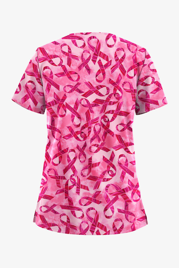 Butter-Soft STRETCH Pink Courage Fuchsia Women's 2-Pocket V-Neck Print Scrub Top - null - 2