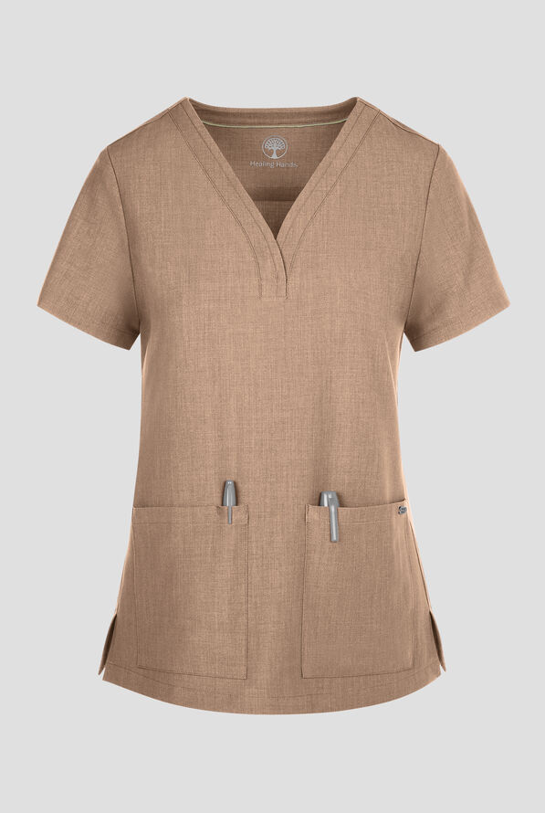 Healing Hands Quest Briana Women's 3-Pocket STRETCH Y-Neck Scrub Top - Desert Taupe - 1