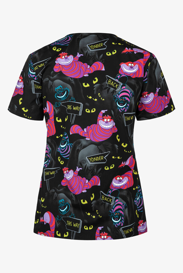 Tooniforms Disney Cheshire Madness Women's 2-Pocket STRETCH V-Neck Print Scrub Top - null - 2