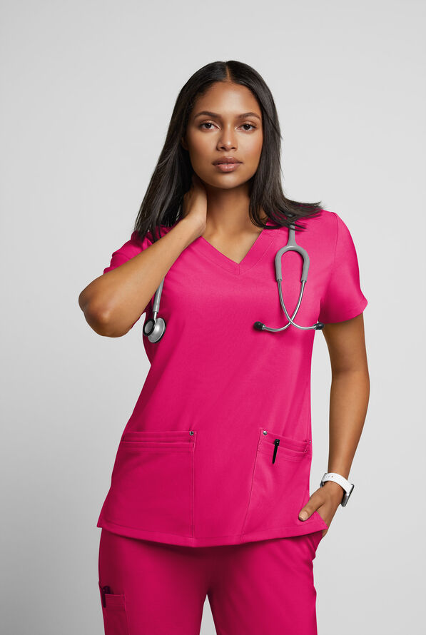 Easy STRETCH Lina Mitered Women's 4-Pocket V-Neck Scrub Top - Flirt - 2