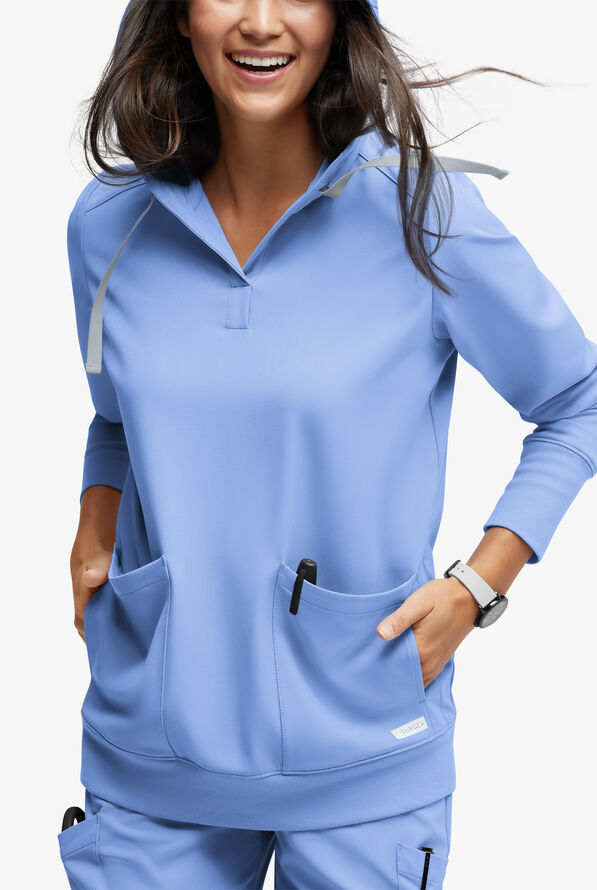 Sudadera médica con capucha ReSurge Jasper con mangas largas y 4 bolsillos para mujer - Ceil Blue - 3