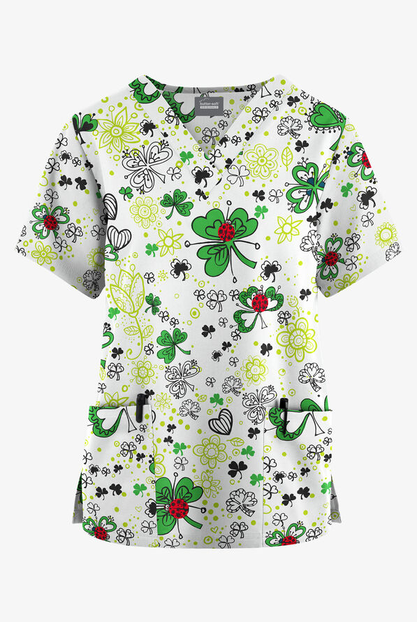 Blusa médica estampada Butter-Soft Originals Ladies and Clovers de corte clásico con cuello en V y 2 bolsillos para mujer - null - 1