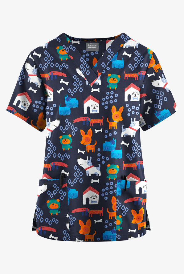 Butter-Soft Originals Playful Dogs Navy Women's 2-Pocket Classic Fit V-Neck Print Scrub Top - null - 1