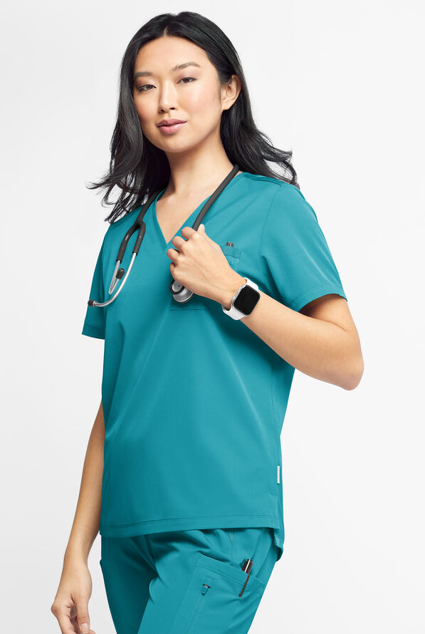 Blusa médica WhisperLite Zora Stretch con cuello en V y 2 bolsillos para mujer - Teal - 5